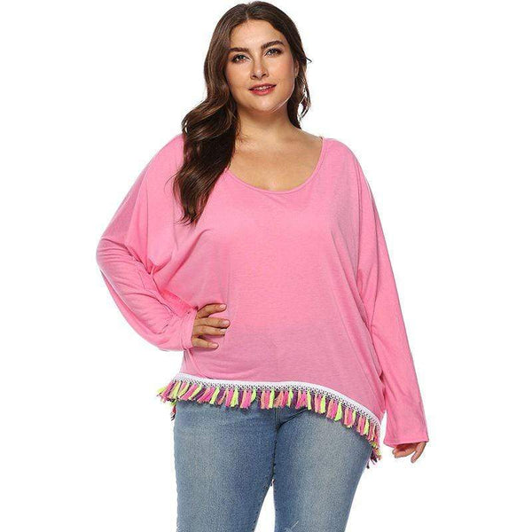 TIY Women Apparel Plus Size Women Bright Color Unique Dolman Sleeve Casual Loose T-shirt With Tassel TIY