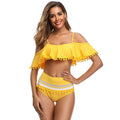 TIY Women Apparel Pom Pom Decor Design Women Ruffled Cool-shoulder High-waisted Two-pieces Swimsuit TIY