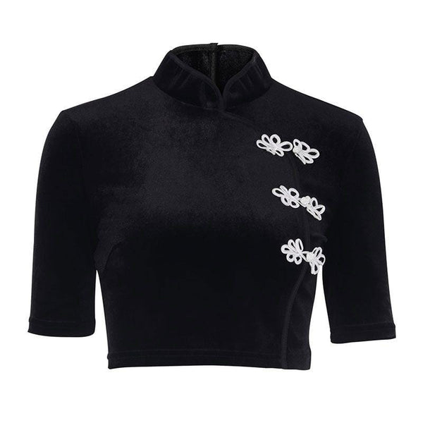 TIY Women Apparel Retro Style Women Stand Collar Chinese knot Button Design Crop Top TIY