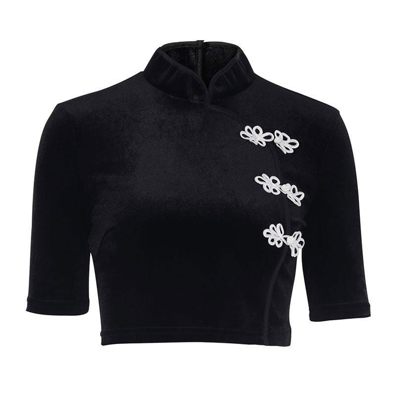 TIY Women Apparel Retro Style Women Stand Collar Chinese knot Button Design Crop Top TIY