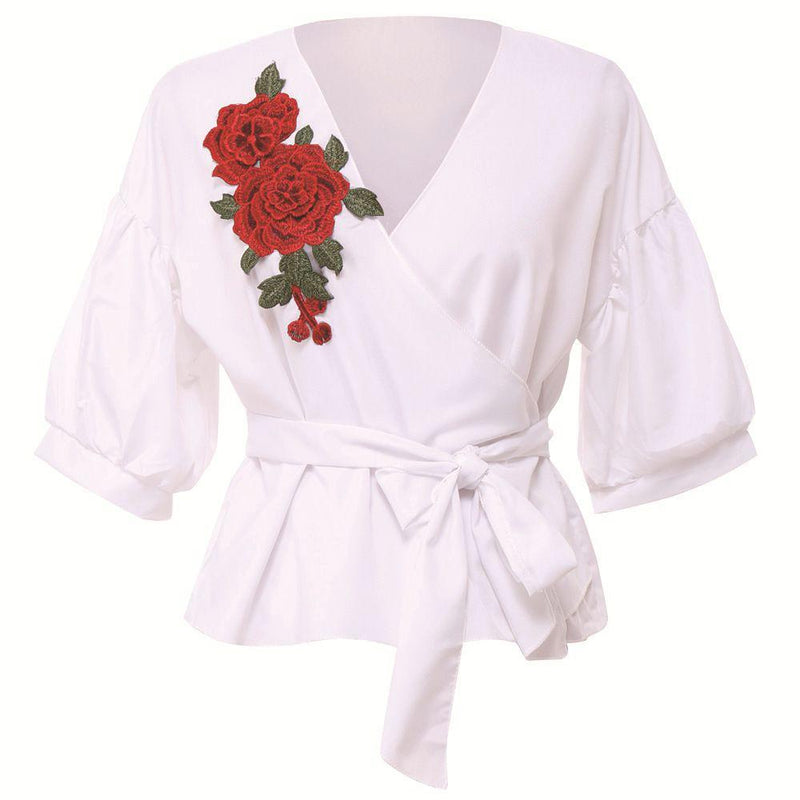 TIY Women Apparel Romantic Rose Embroidered Women Half Sleeve Lace-up Blouse TIY