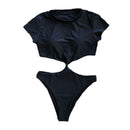 TIY Women Apparel Sexy Hollow Design Women Solid Color Short Sleeves Bikini Swimwear TIY