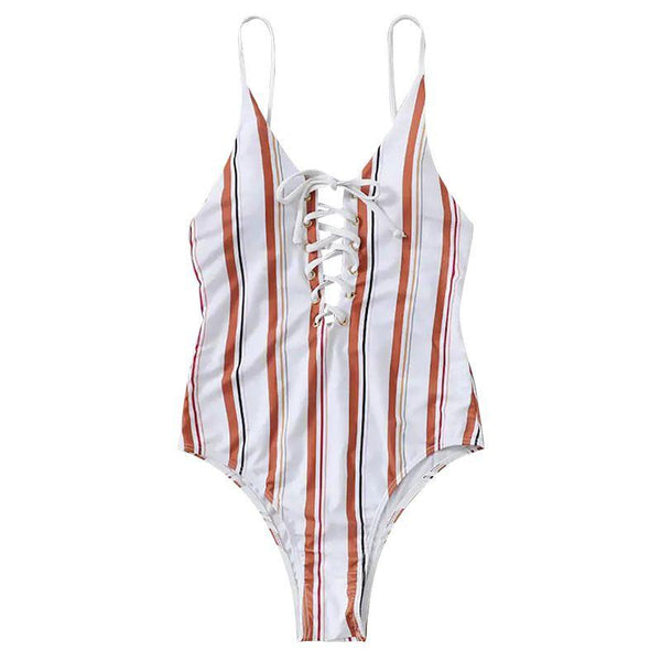 TIY Women Apparel Sexy Hollow Out Lace-up Design Women Stripes Print One-piece Swimwear TIY