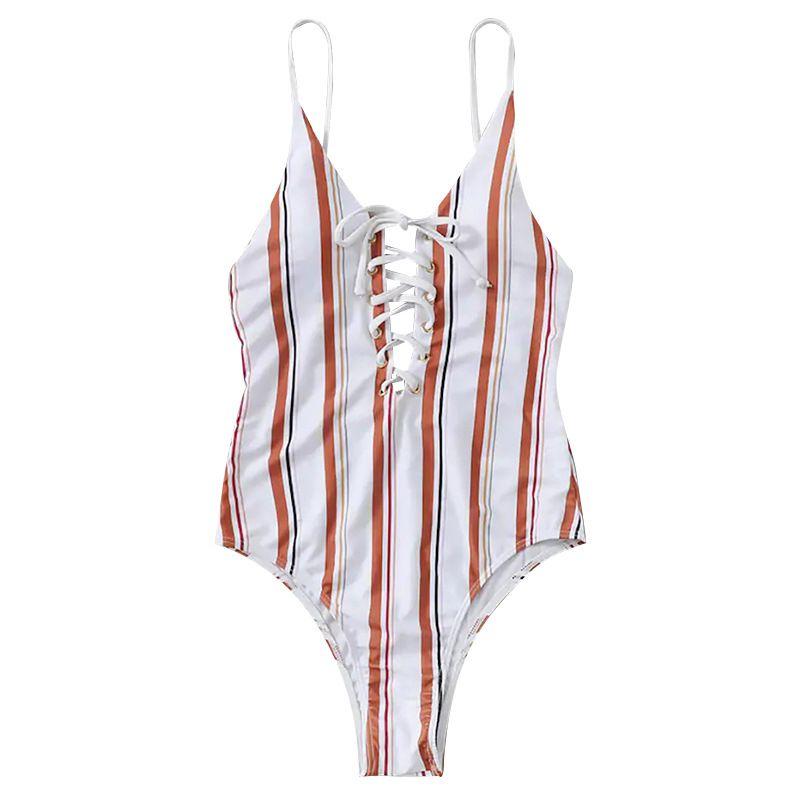 TIY Women Apparel Sexy Hollow Out Lace-up Design Women Stripes Print One-piece Swimwear TIY