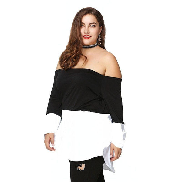 TIY Women Apparel Sexy Off-shoulder Pattern Long Sleeve Contrast Plus Size Blouse TIY