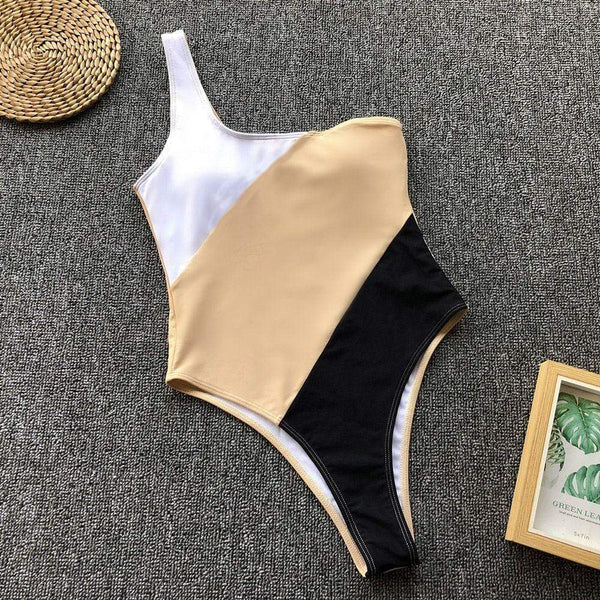 TIY Women Apparel Sexy One-shoulder Block Color Women One-piece Swimwear TIY