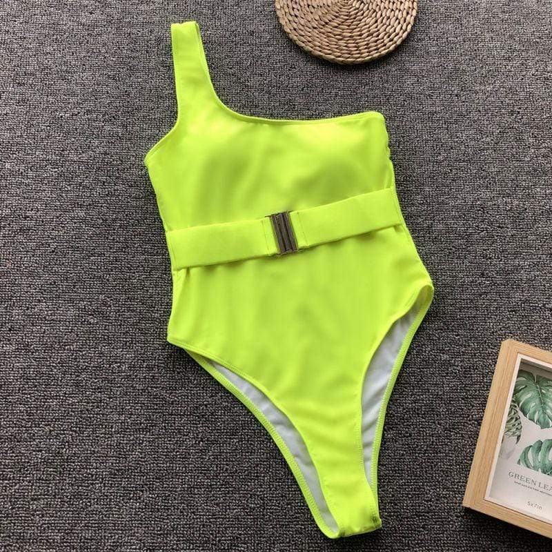 TIY Women Apparel Sexy One Shoulder Neon Color Metal Buckle Decor Sash One-piece Swimwear TIY