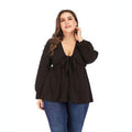 TIY Women Apparel Sexy V Neck Defined Waist Long-sleeve Solid Color Plus Size Blouse TIY