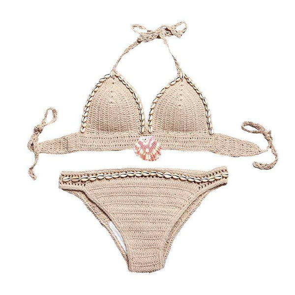 TIY Women Apparel Sexy Woman Summer Tassel Shell Bohemia Handmade Knitting Bikini Set Swimwear Split TIY