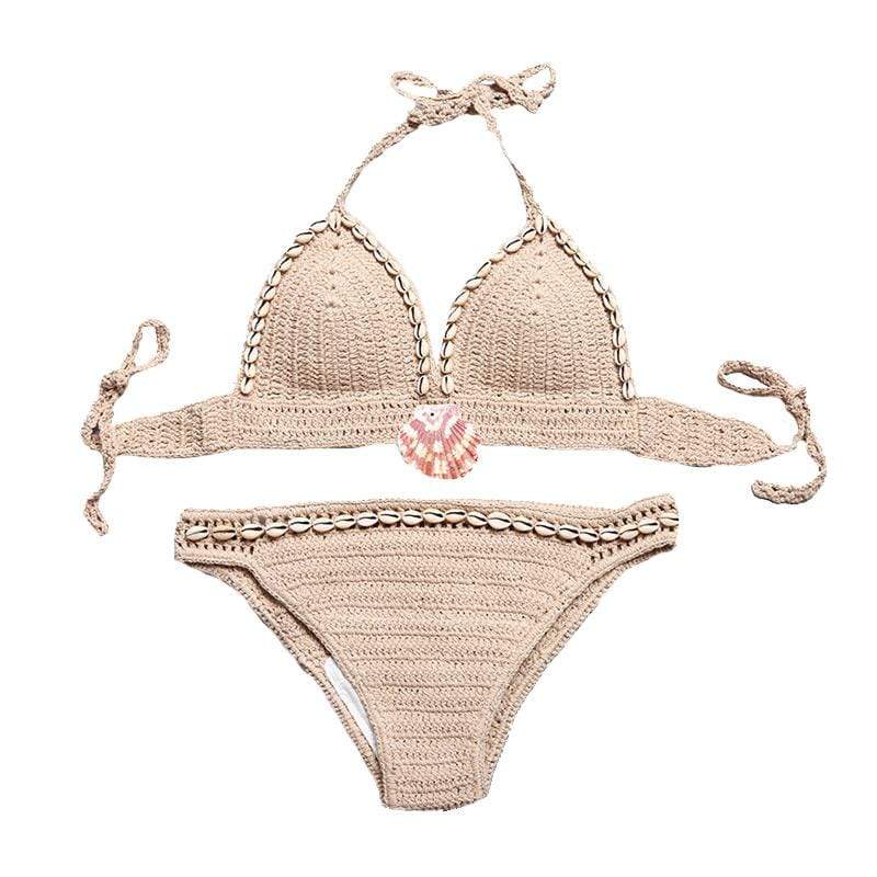 TIY Women Apparel Sexy Woman Summer Tassel Shell Bohemia Handmade Knitting Bikini Set Swimwear Split TIY