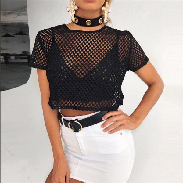 TIY Women Apparel Sexy Women Hollow See-through Short-sleeve Crop Top TIY