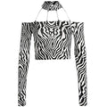 TIY Women Apparel Sexy Women Long-sleeve Link Chain Halter Design Zebra Print Crop Top TIY