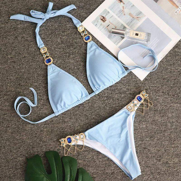 TIY Women Apparel Sexy Women Two-piece Pattern Solid Color Unique Crystal Decor Bikini Set TIY