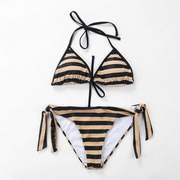 TIY Women Apparel Sexy Women Vintage Stripes Print Self Tie Bikini Swimwear TIY