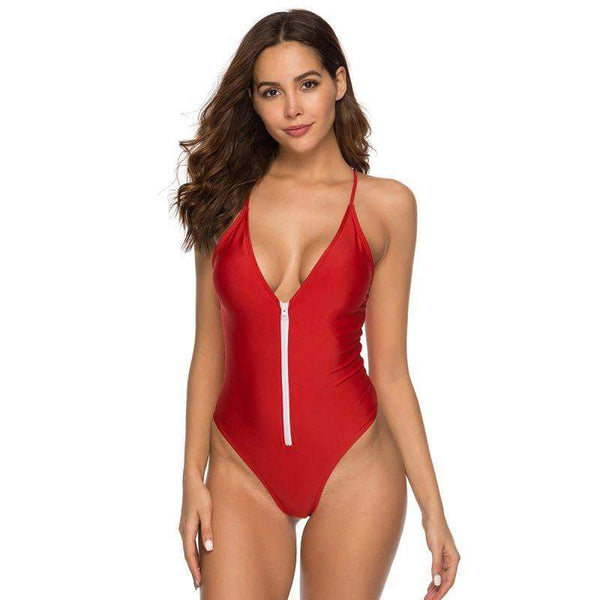 TIY Women Apparel Sexy Zipper Design Women Solid Color One-piece Swimwear TIY