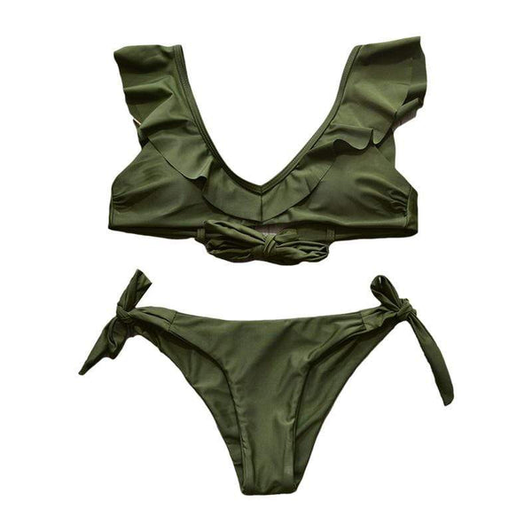 TIY Women Apparel Simple Sexy Solid Color Ruffled Design Women Side Knotted Swimsuit TIY