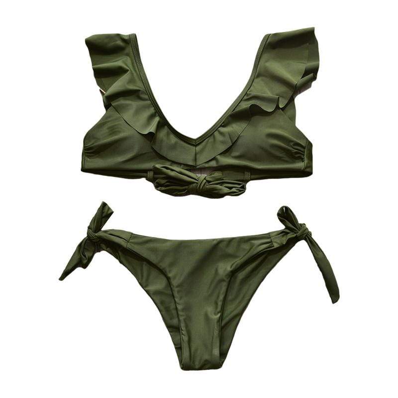 TIY Women Apparel Simple Sexy Solid Color Ruffled Design Women Side Knotted Swimsuit TIY