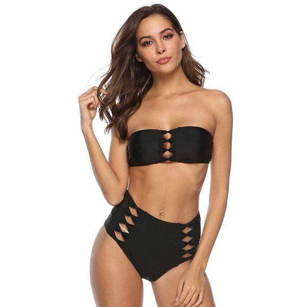 TIY Women Apparel Simple Solid Color Hollow Out Design Women Strapless Swimsuit TIY