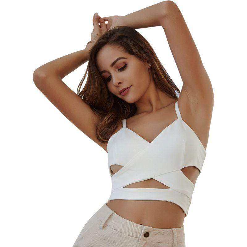 TIY Women Apparel Solid Color Hollow Crossing Design Sleeve Crop Top Camisole TIY