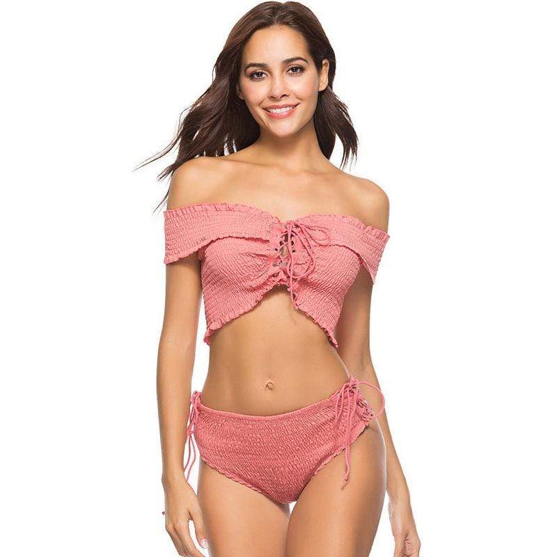 TIY Women Apparel Solid Color Off-shoulder Design Young Women Two-piece Swimsuit TIY