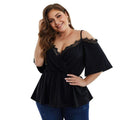 TIY Women Apparel Solid Color Off-shoulder Spaghetti Strap Lace Fringed Design Plus Size Slimming Top TIY