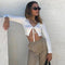 TIY Women Apparel Solid Color Rib-knit Pattern Long-sleeve Lace-up Crop Top TIY