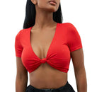 TIY Women Apparel Solid Color Rib-knit Pattern Women Knotted Short-sleeve Crop Top TIY