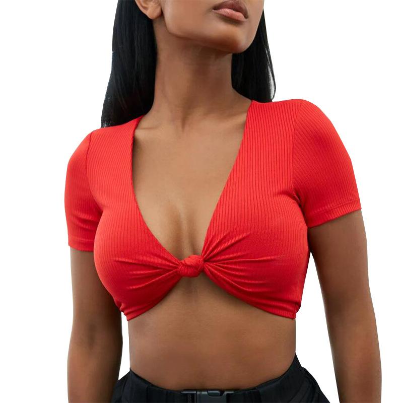 TIY Women Apparel Solid Color Rib-knit Pattern Women Knotted Short-sleeve Crop Top TIY