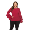 TIY Women Apparel Solid Color Ruffled Flare Sleeve Women Casual Plus Size Top TIY