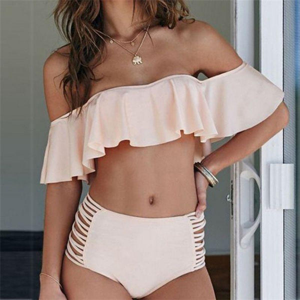TIY Women Apparel Solid Color Ruffled Off-shoulder Top Cut-out High-waisted Two-pieces Swimsuits TIY