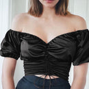 TIY Women Apparel Solid Color Short-sleeve Off-shoulder Drawstring Crop Top TIY
