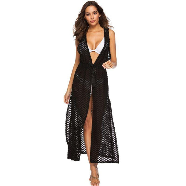 TIY Women Apparel Solid Color Sleeveless Handmade Crochet See-through Bikini Cover Ups TIY