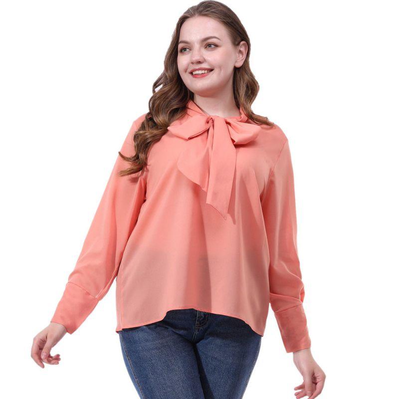 TIY Women Apparel Solid Color Sweet Bowknot Lace-up Design Women Plus Size Long-sleeve Chiffon Blouse TIY