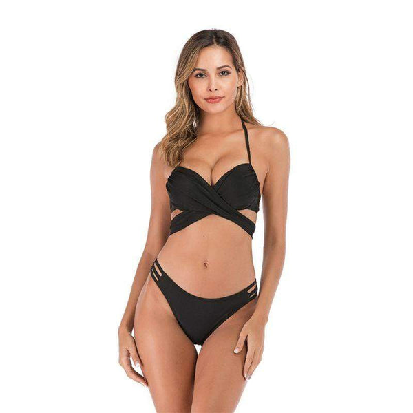 TIY Women Apparel Solid Color Unique Crossing Design Women Two-piece Swimsuits TIY