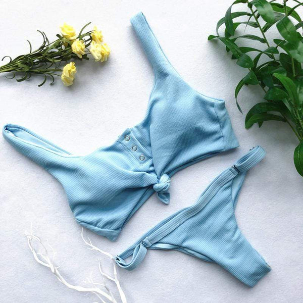 TIY Women Apparel Solid Color Unique Rib-knit Design Knotted Two-pieces Swimsuit TIY