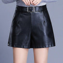 TIY Women Apparel Solid Color Women Belted Wide-leg PU Shorts TIY