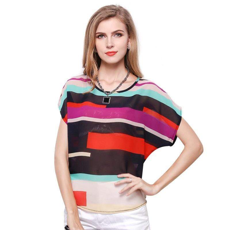 TIY Women Apparel Summer Elegant Style Chiffon Rainbow Stripe Female Loose T-Shirt TIY