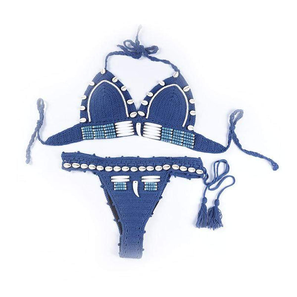 Summer Holiday Woman Vintage Bohemia Handmade Knitting Bikini Set Swimwear Split