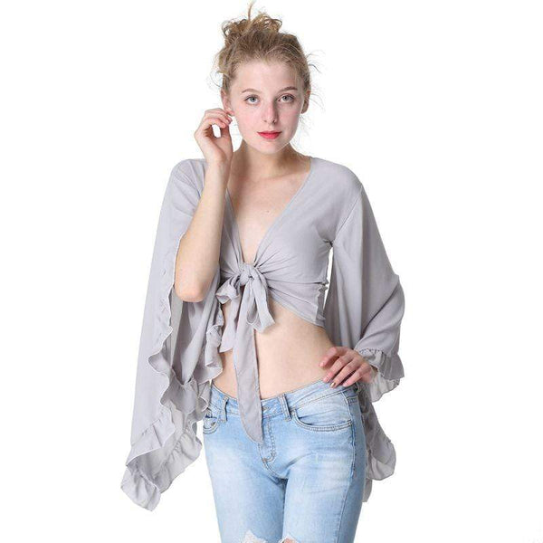 Summer New Design Knotted Design Solid Color Flare Sleeve Ruffle Crop Top