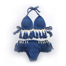 Summer Sexy Woman Beach Tassel Handmade Knitting Bikini Set Swimwear Split