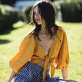 Summer White Color Half Sleeve Sexy V Neck Knotted Crop Top