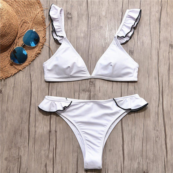 TIY Women Apparel Sweet Flouncing Design Young Girl Solid Color 2 Pieces Swimsuit TIY