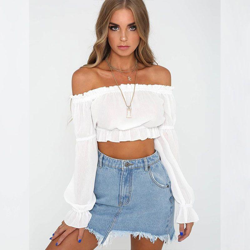 Sweet Off-shoulder Design Women Long-sleeve Frilled Crop Top