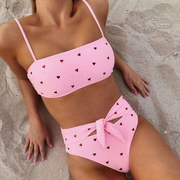 Sweet Pink Color Heart Printed Hollow High-waisted Two-piece Swimwear
