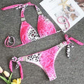 Sweet Pink Leopard Print Unique Metal Buckle Design Halter Pattern Two-piece Bikinis Set