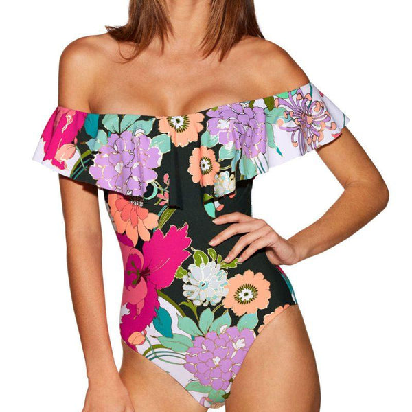 Sweet Women Bright Color Floral Printed Off-shoulder One-piece Swimwear