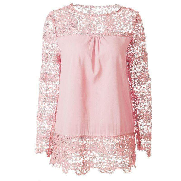 Sweet Women Solid Color Hollow Lace Round Neck Blouse