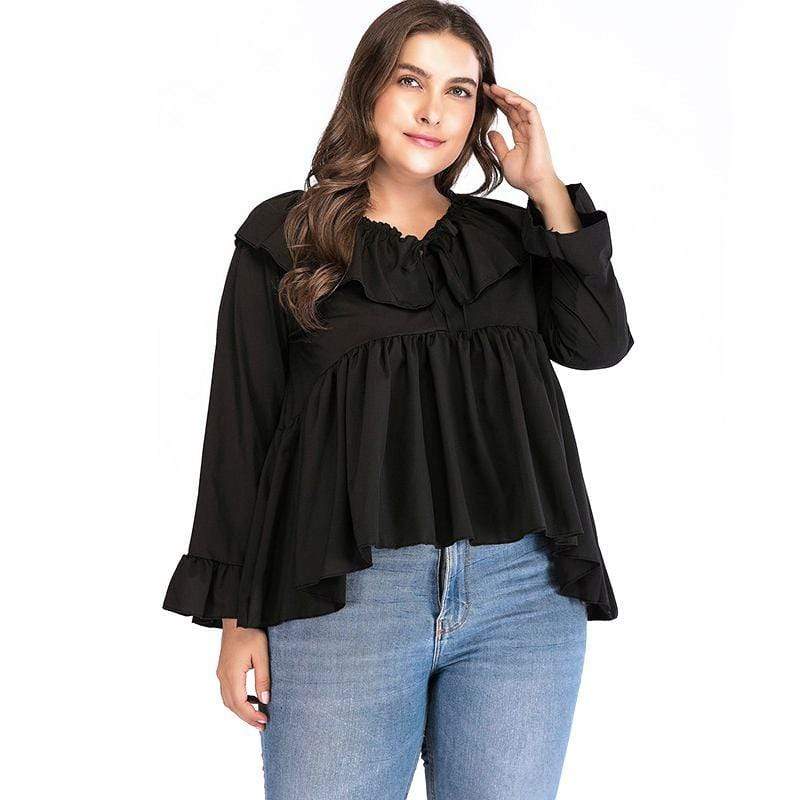 Sweet Young Women Plus Size Slimming Black Color Flouncing Long Sleeves Blouse