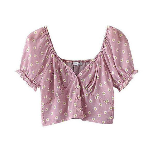 Tiny Flower Printed Women Short-sleeve Stretchy Crop Top