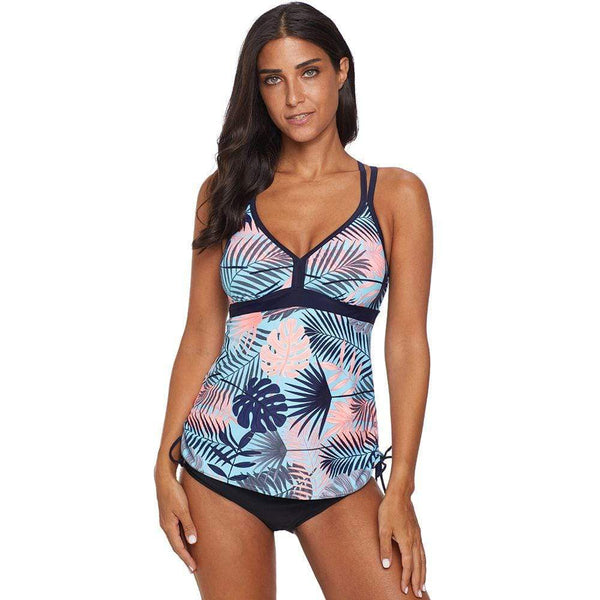 Tropical Leaf Printed Women Drawstring Pattern Padded Two-pieces Swimsuits